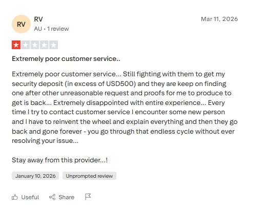 Trustpilot · 1/5 · RV, 2026-01-10