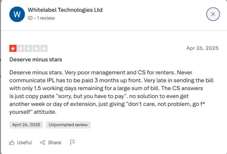 Trustpilot · 1/5 · Whitelabel Technologies Ltd, 2025-04-26